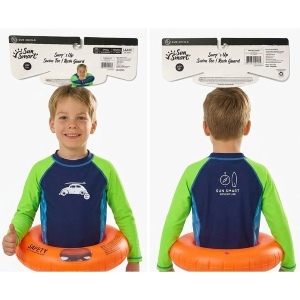 Sun Smart Swim Shirt Boys Size Large Rash Guard UPF 50 Surf Car Graphic Kids NEW